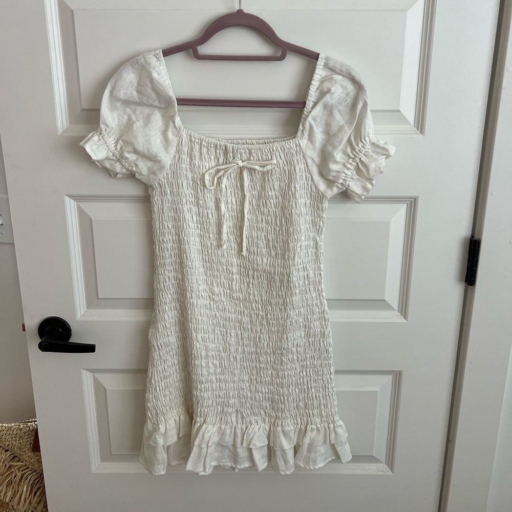 Faithfull the brand 100% linen white ruched mini dress size M